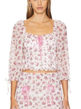 For Love & Lemons White Floral Ruffle Tie Blouse